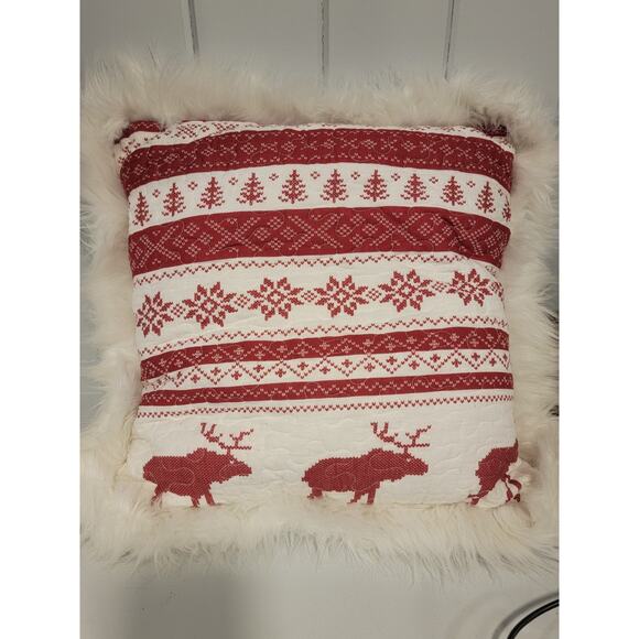 White pine Christmas Throw Pillow Red White Reindeer Elk Faux Fur Trim - Picture 1 of 8